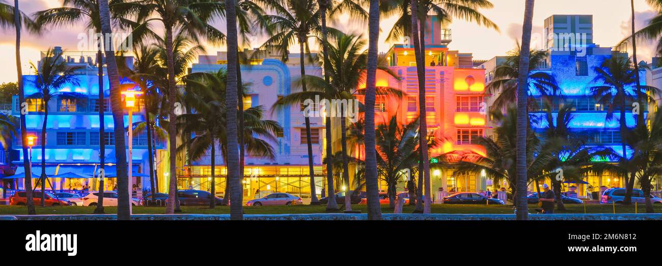 Miami Beach , colorful Art Deco District at night Stock Photo Alamy