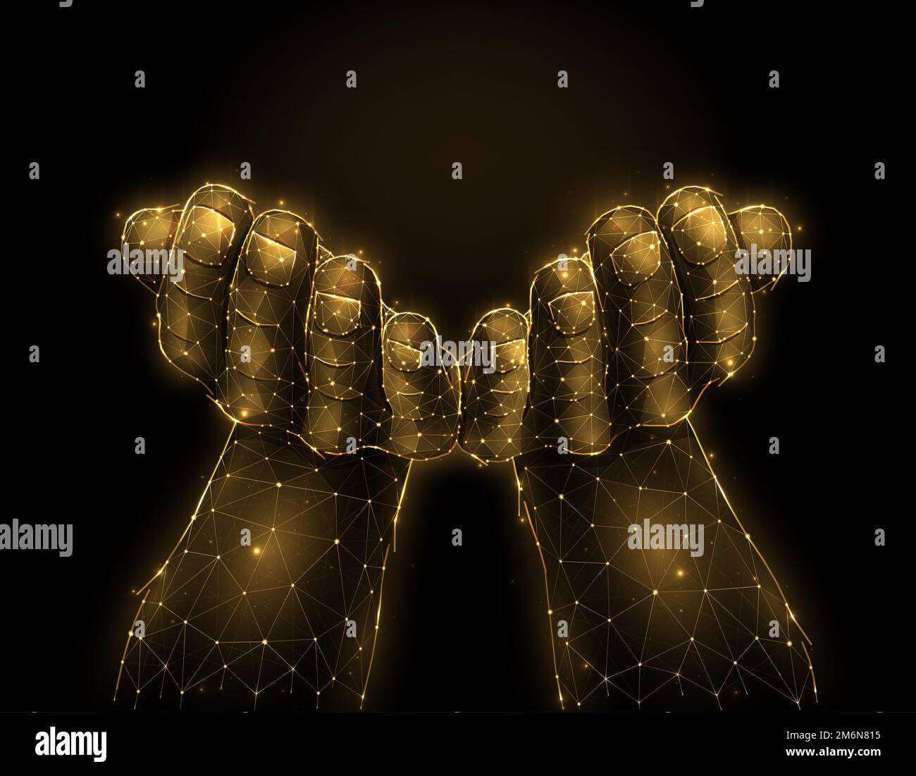 Open hands palms raised up, hand gesture abstract vector illustration on a dark background. Hands holding or giving something. P Stock Photo