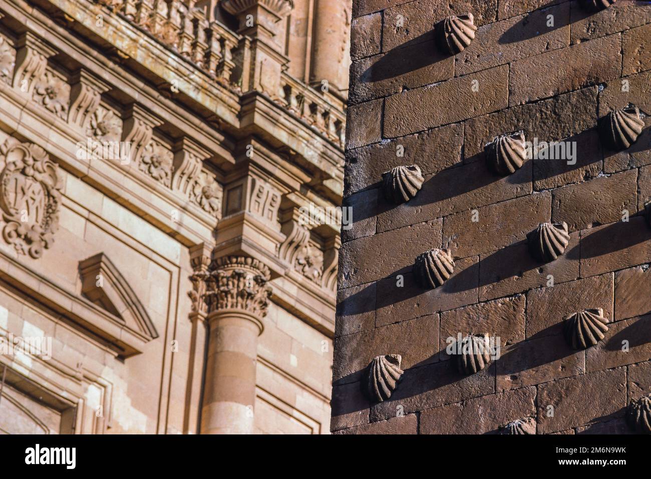 Salamanca Spain, contrasting architecture in the University area: the Baroque La Clerecia Church (L) and the Renaissance-era Casa de las Conchas (R) Stock Photo