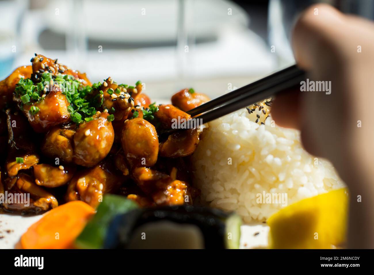 Chicken cooked in Japanese style with teriyaki sauce. Stock Photo