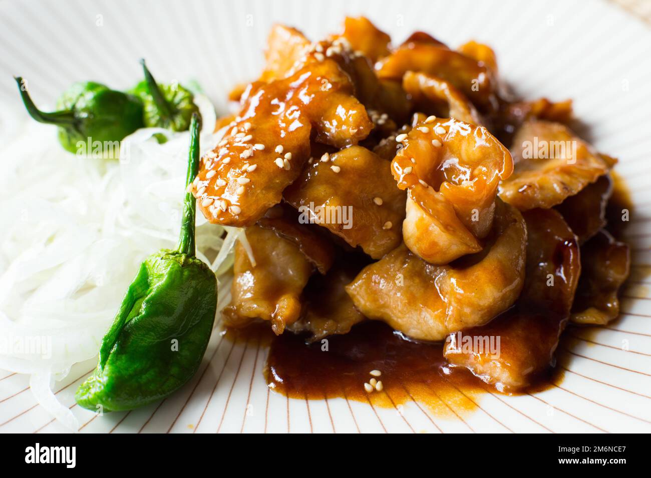 Chicken cooked in Japanese style with teriyaki sauce. Stock Photo