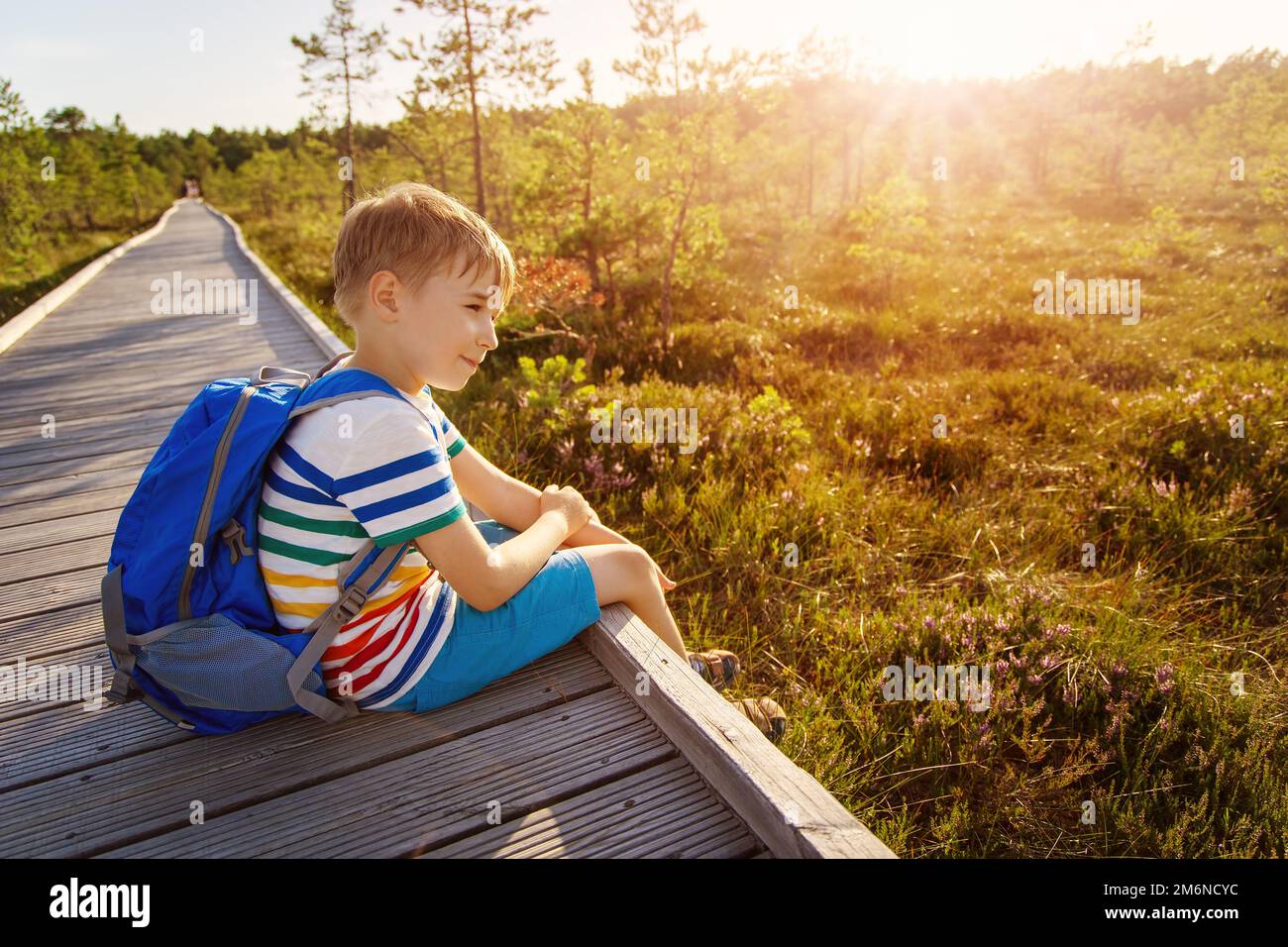 Child sitting on the wooden broadwalk and looking on the bog. Stock Photo