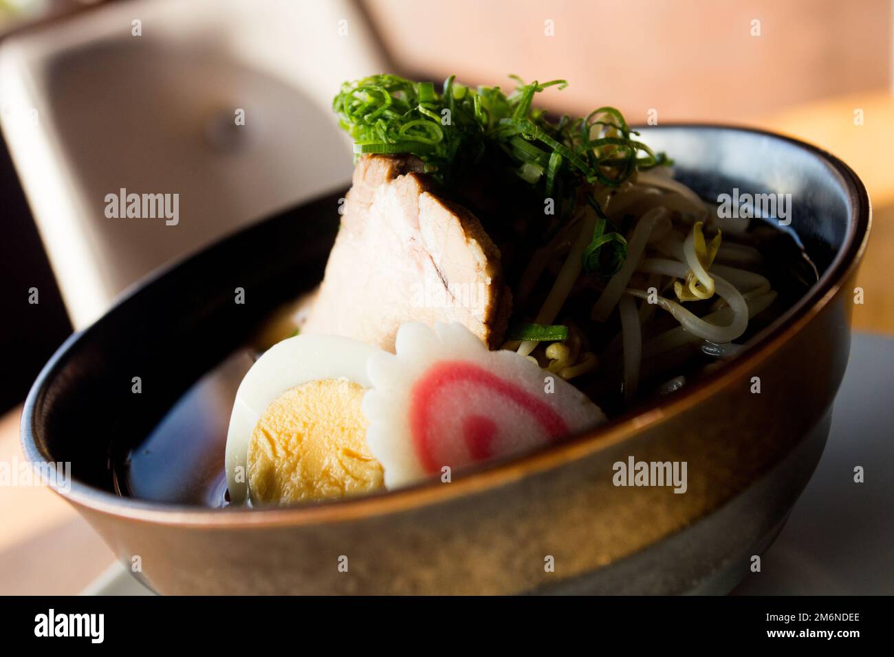 Japanese soup Ramen with pork and vegetables. Traditional Osaka recipe