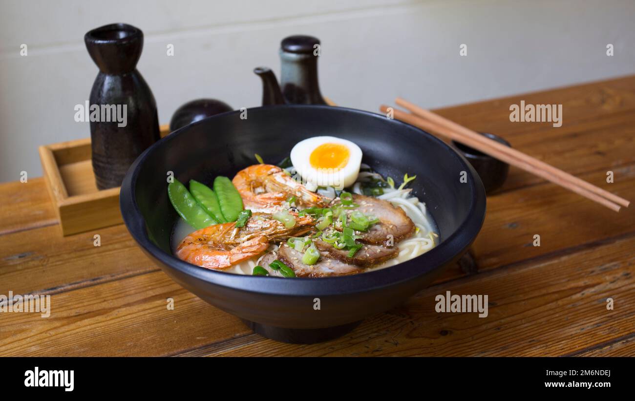 Japanese soup Ramen with pork and vegetables. Traditional Osaka recipe Stock Photo Alamy