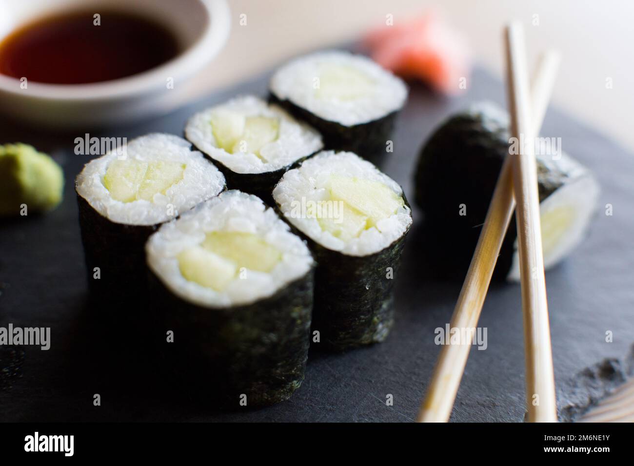 Vegan Maki Sushi with vegetables . Vegetarian Japanese Food Stock Photo