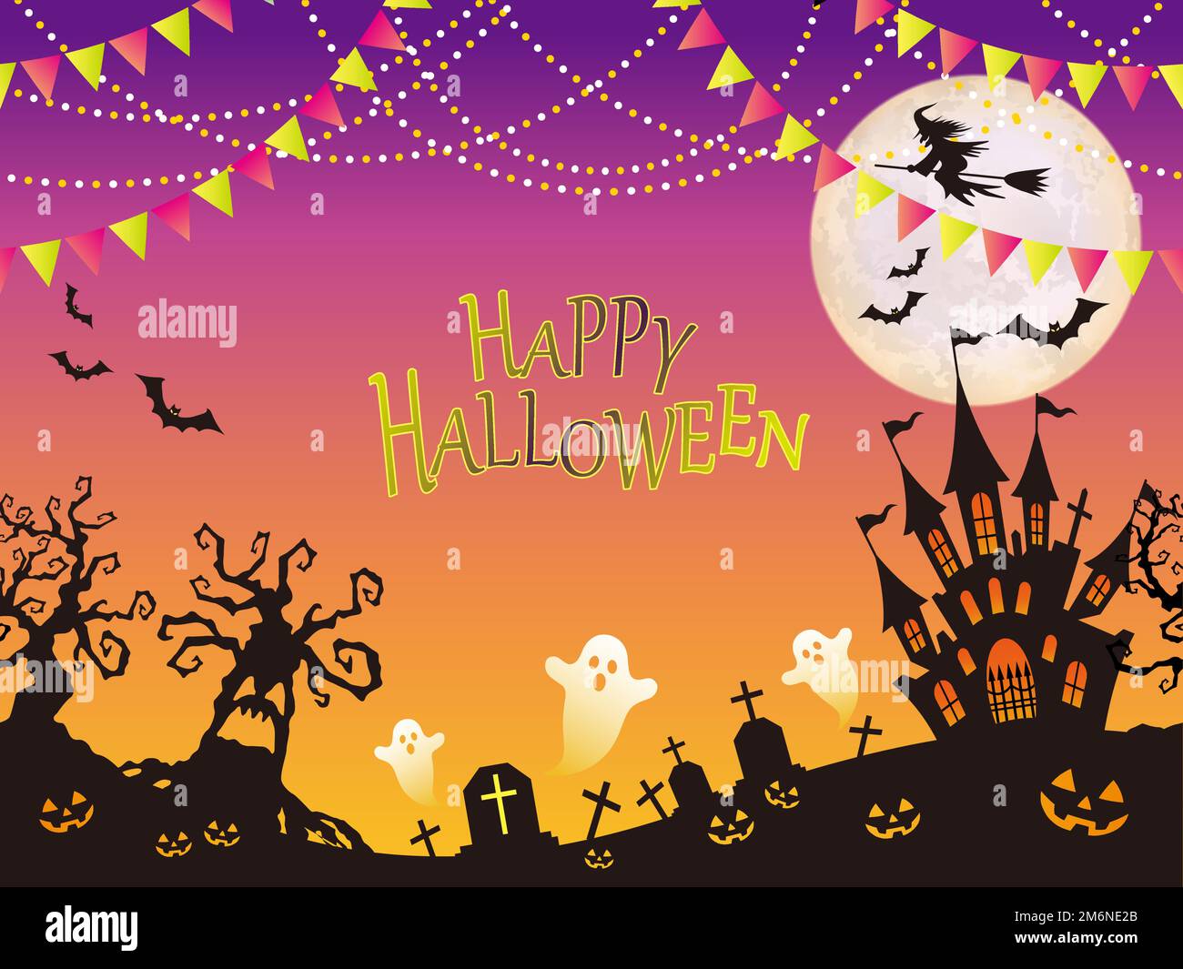 Seamless Happy Halloween Vector Background Illustration With A Haunted Mansion, Haunted Trees, Ghosts, And A Witch. Horizontally Repeatable. Stock Vector