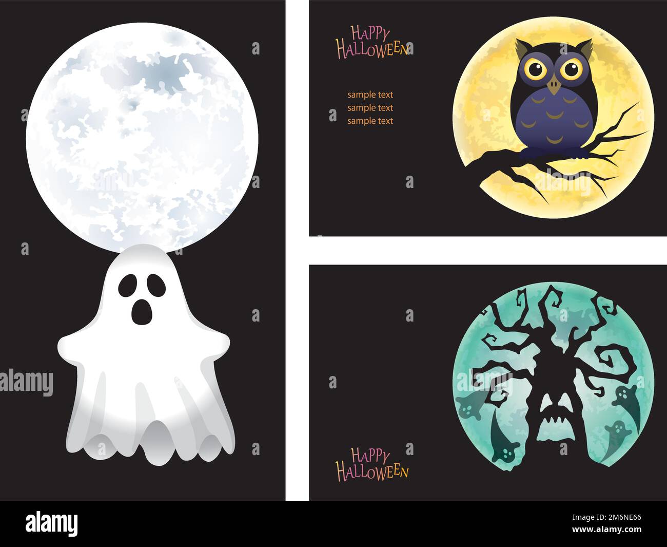 Set Of Happy Halloween Vector Greeting Card Templates With The Moon, A Ghost, An Owl, And A Haunted Tree. Stock Vector