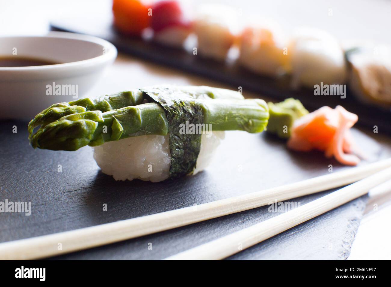 Vegan Nigiri Sushi with green asparagus. Vegeterian Japanese Food. Stock Photo