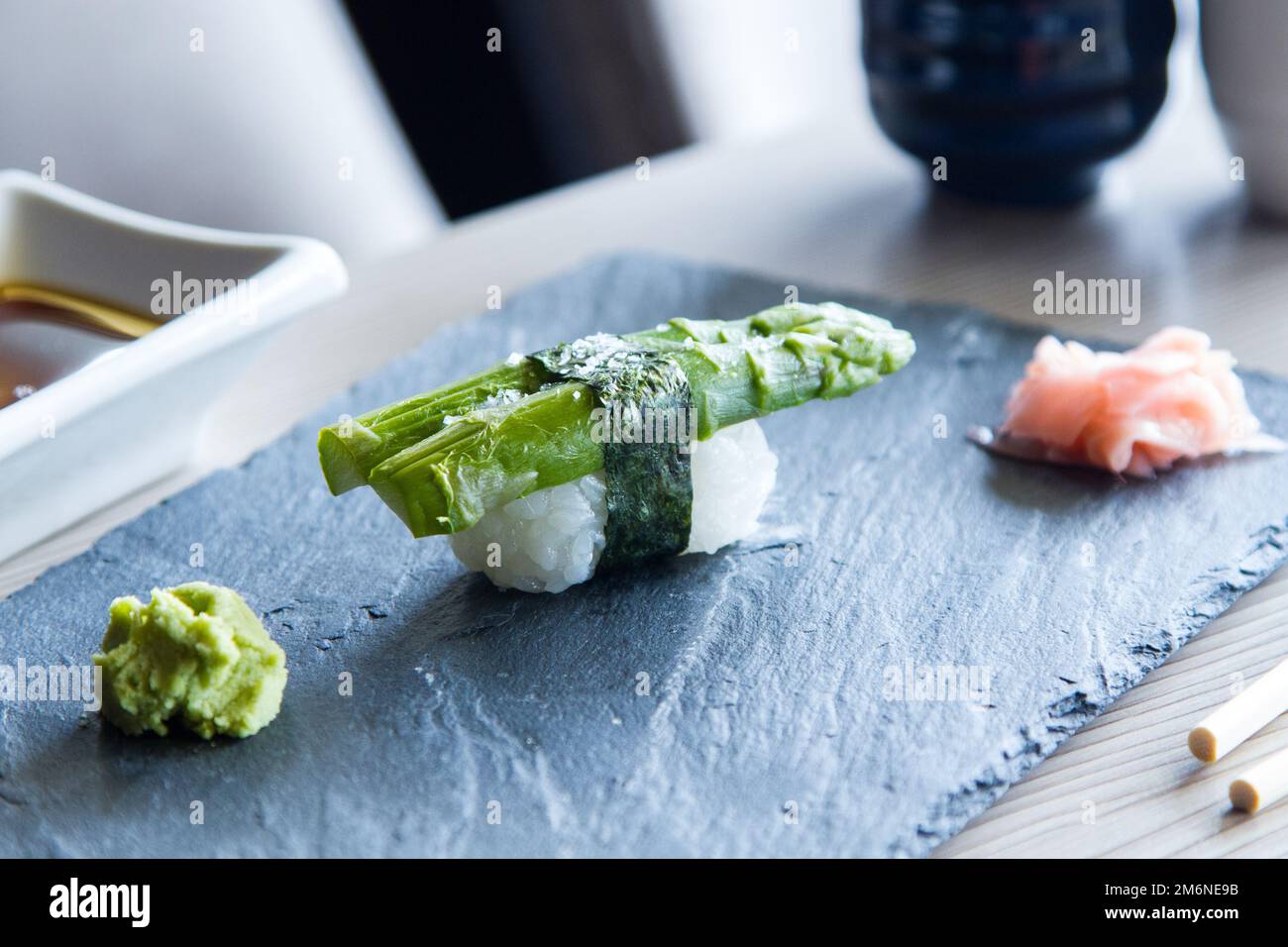 Vegan Nigiri Sushi with green asparagus. Vegeterian Japanese Food. Stock Photo