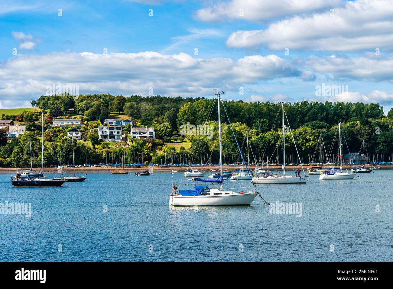Boats and Yachts on River Dart over Dittisham and Greenway Quay, Devon