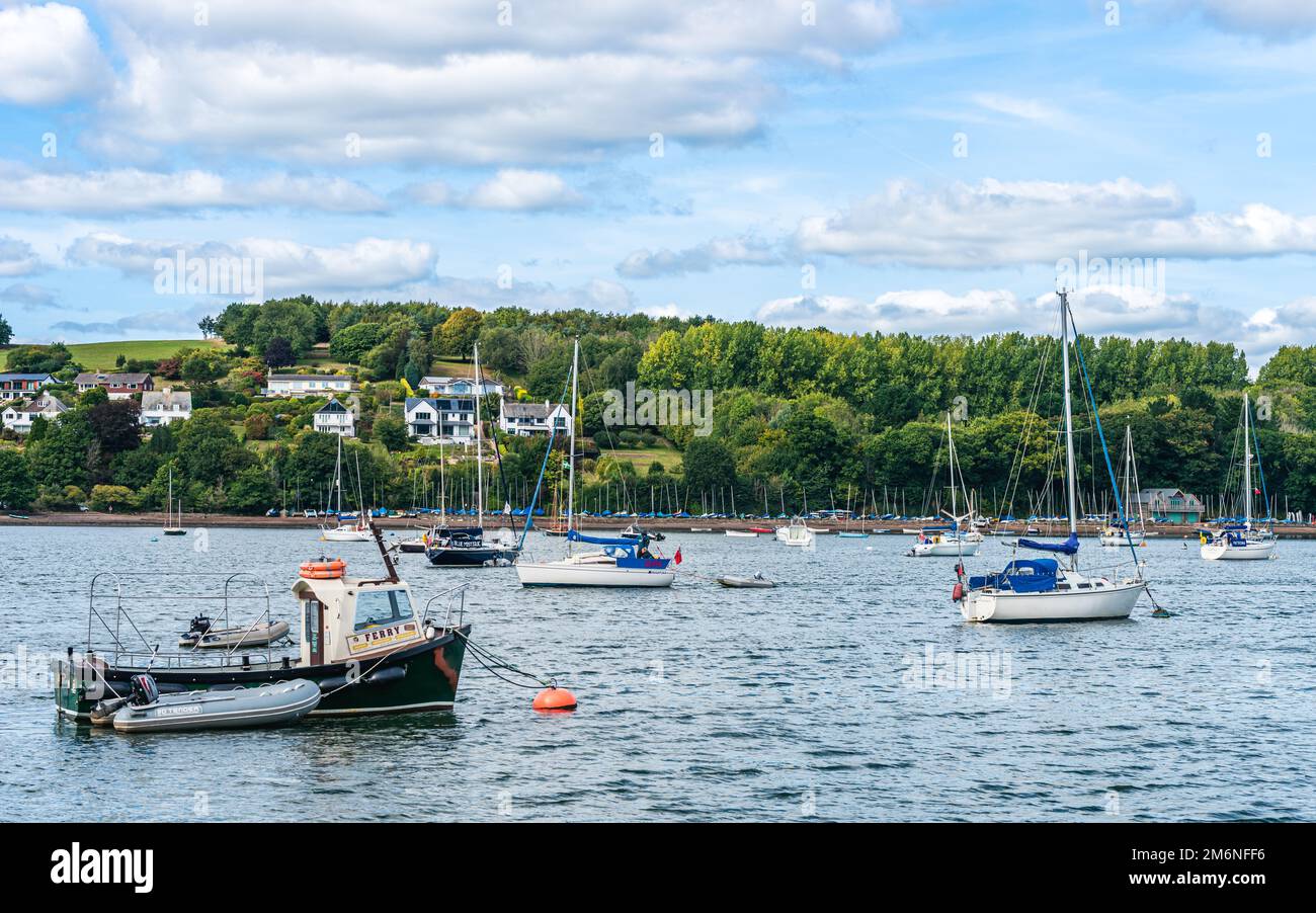 Boats and Yachts on River Dart over Dittisham and Greenway Quay, Devon