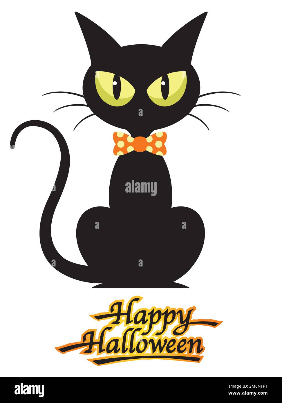 Vector Black Cat Illustration With Happy Halloween Logo Isolated On A White Background. Stock Vector