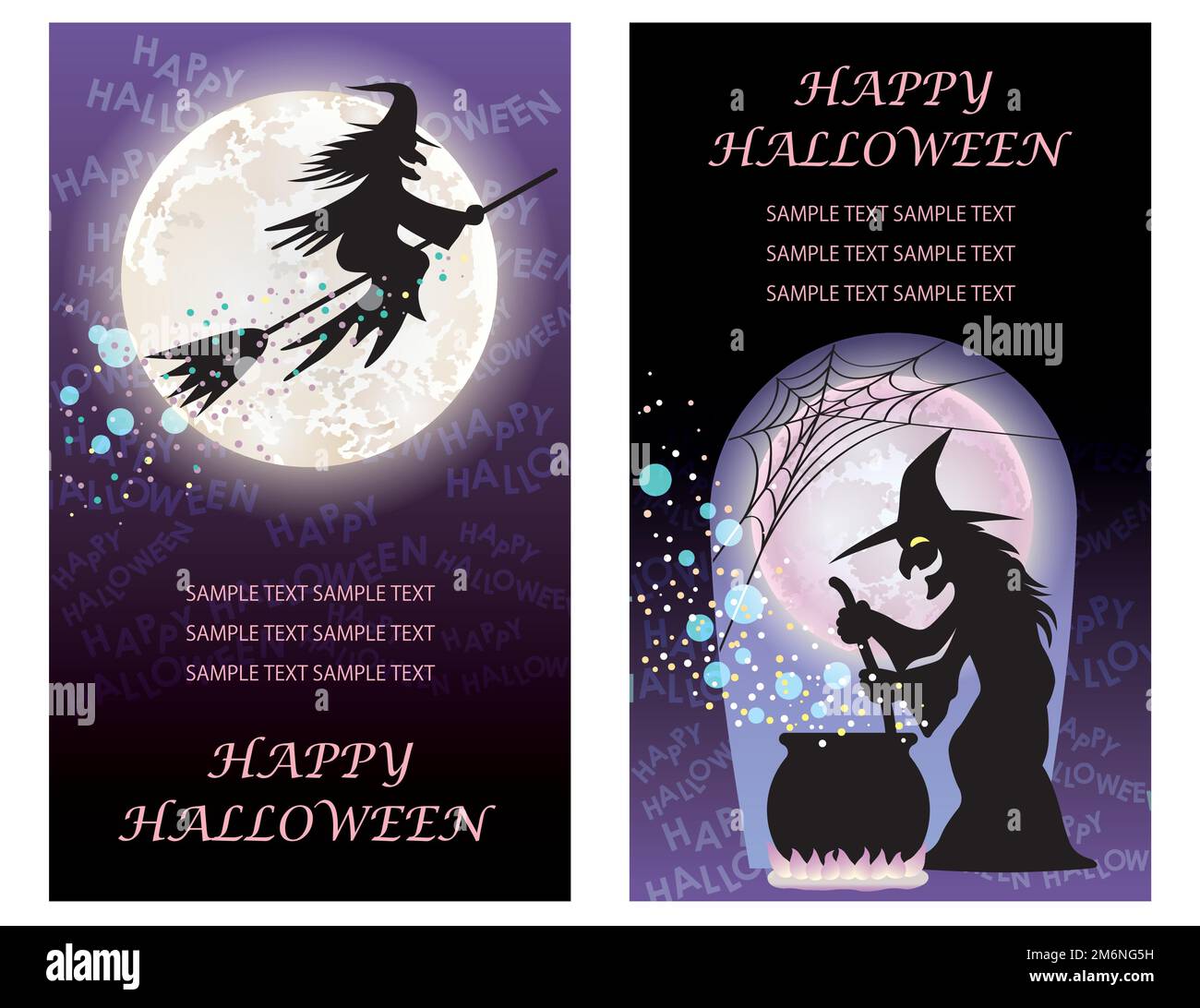 Set Of Happy Halloween Vector Greeting Card Templates With Witches. Stock Vector