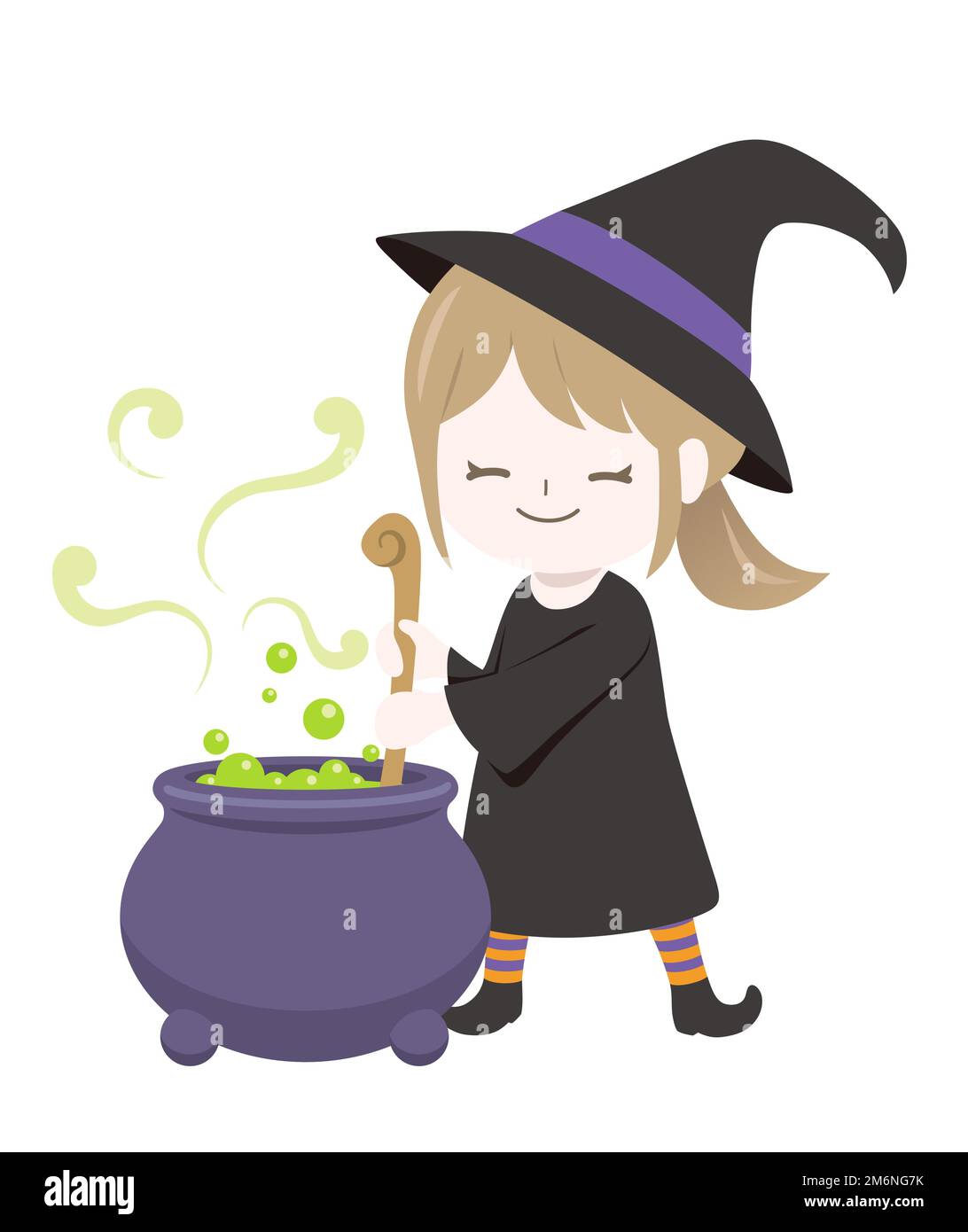 Cute Witch Making Magic Potions Isolated On A White Background. Vector Halloween Illustration. Stock Vector