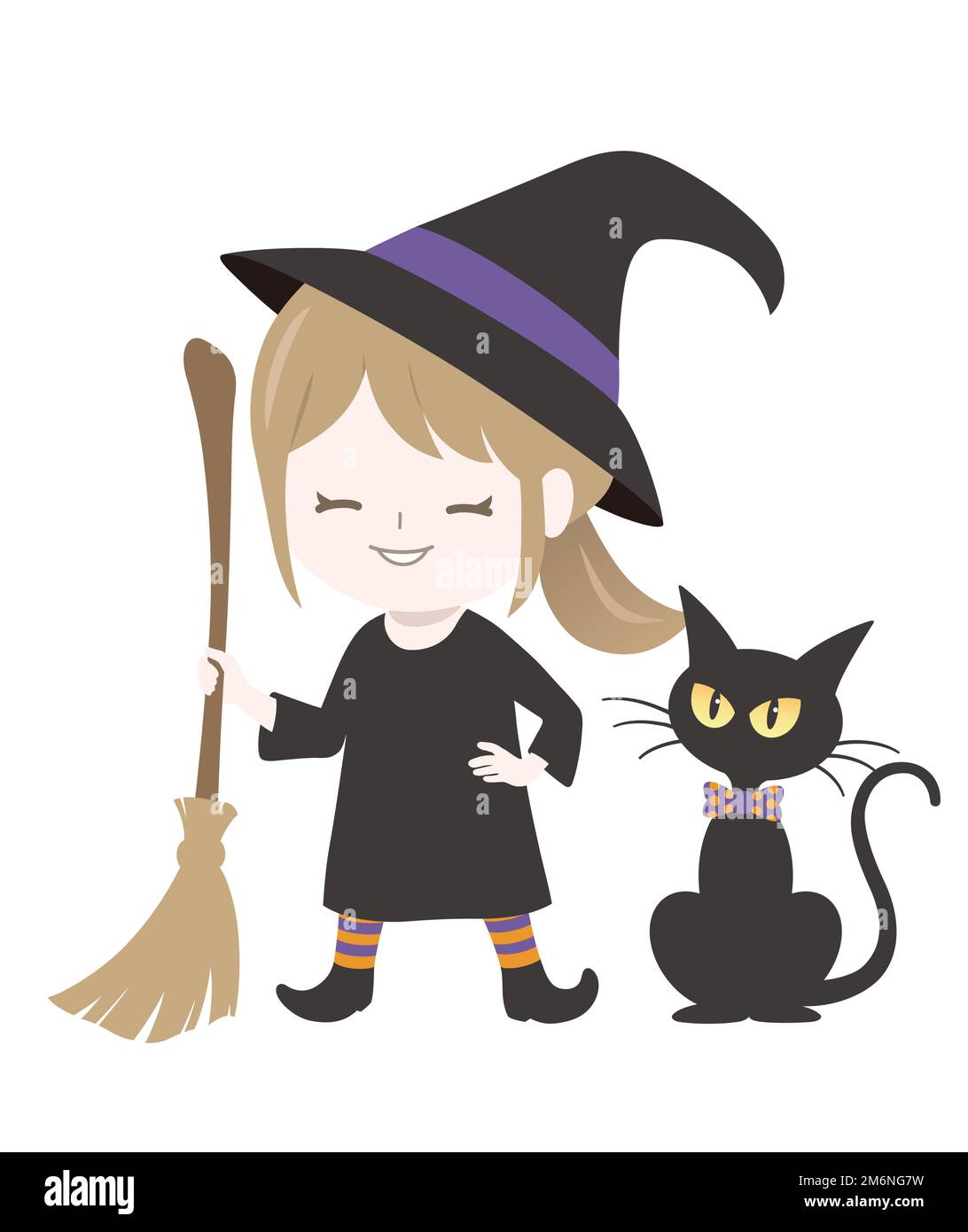 Cute Witch With A Black Cat Holding Her Magic Brooms Isolated On A White Background. Vector Halloween Illustration. Stock Vector