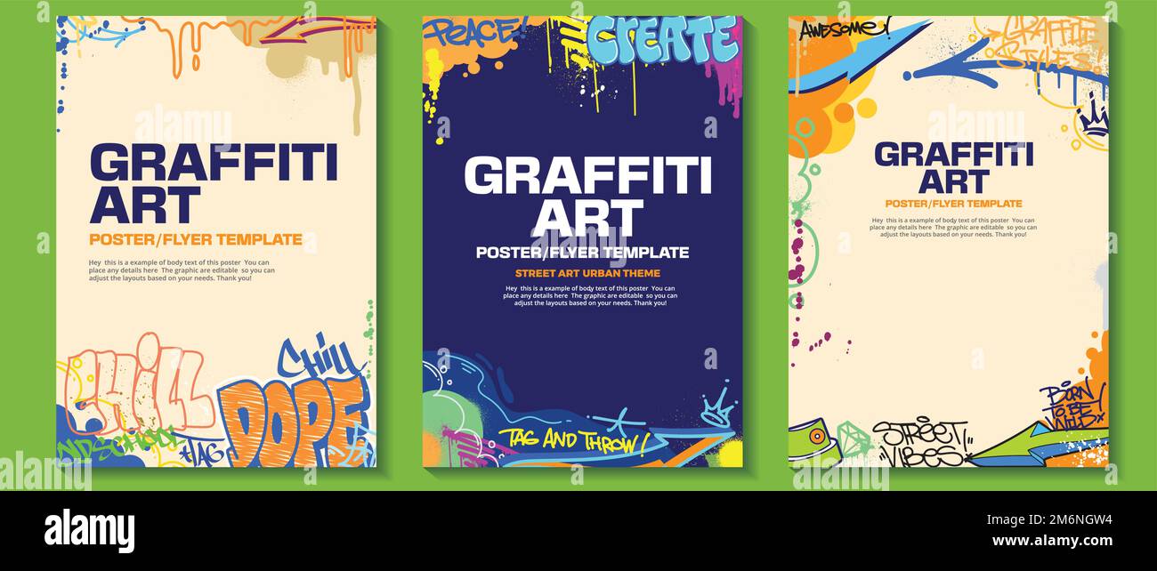 Modern graffiti art poster or flyer design with colorful tags, throw up. Handdrawn abstract
