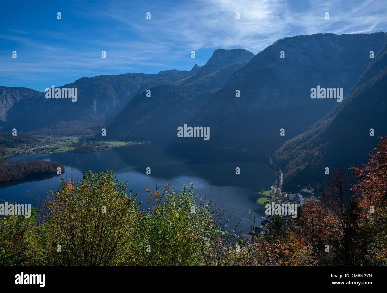 Aerial view of the picturesque Hallstatt village with traditional chalet wooden houses captured from the observation deck at Hallstatt, Austria. Stock Photo