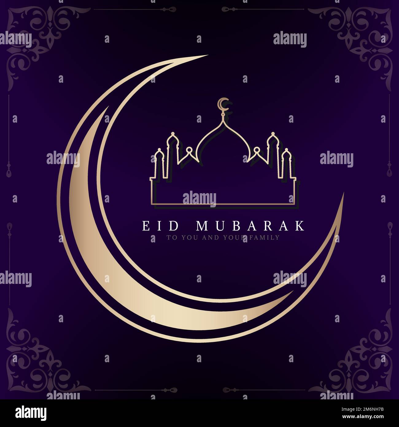 Eid Mubarak card with a crescent moon and a mosque pattern background ...
