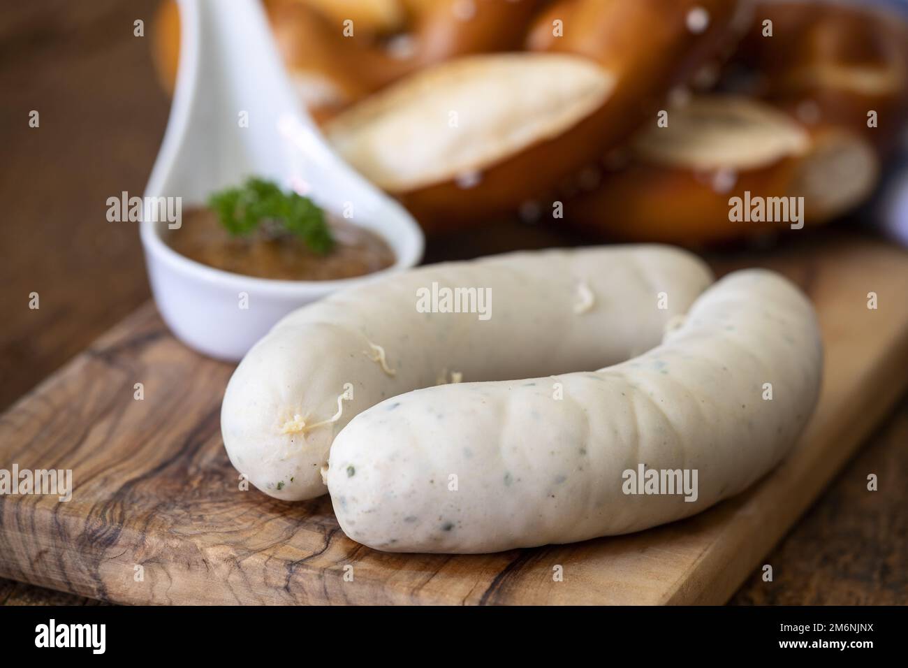 Pair of Bavarian veal sausages Stock Photo