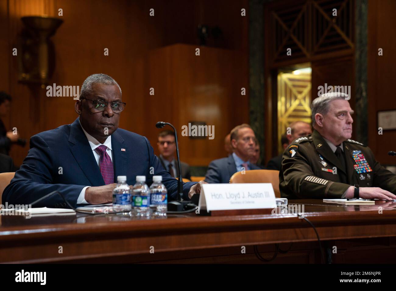 Secretary of Defense Lloyd J. Austin III and Army Gen. Mark A. Milley, chairman of the Joint Chiefs of Staff, testify at a Senate Appropriations Subcommittee on Defense hearing on the fiscal 2023 funding request and budget justification for the Department of Defense at the Dirksen Senate Office Building, Washington D.C., May 3, 2022. (DOD Photo by Navy Chief Petty Officer Carlos M. Vazquez II) Stock Photo