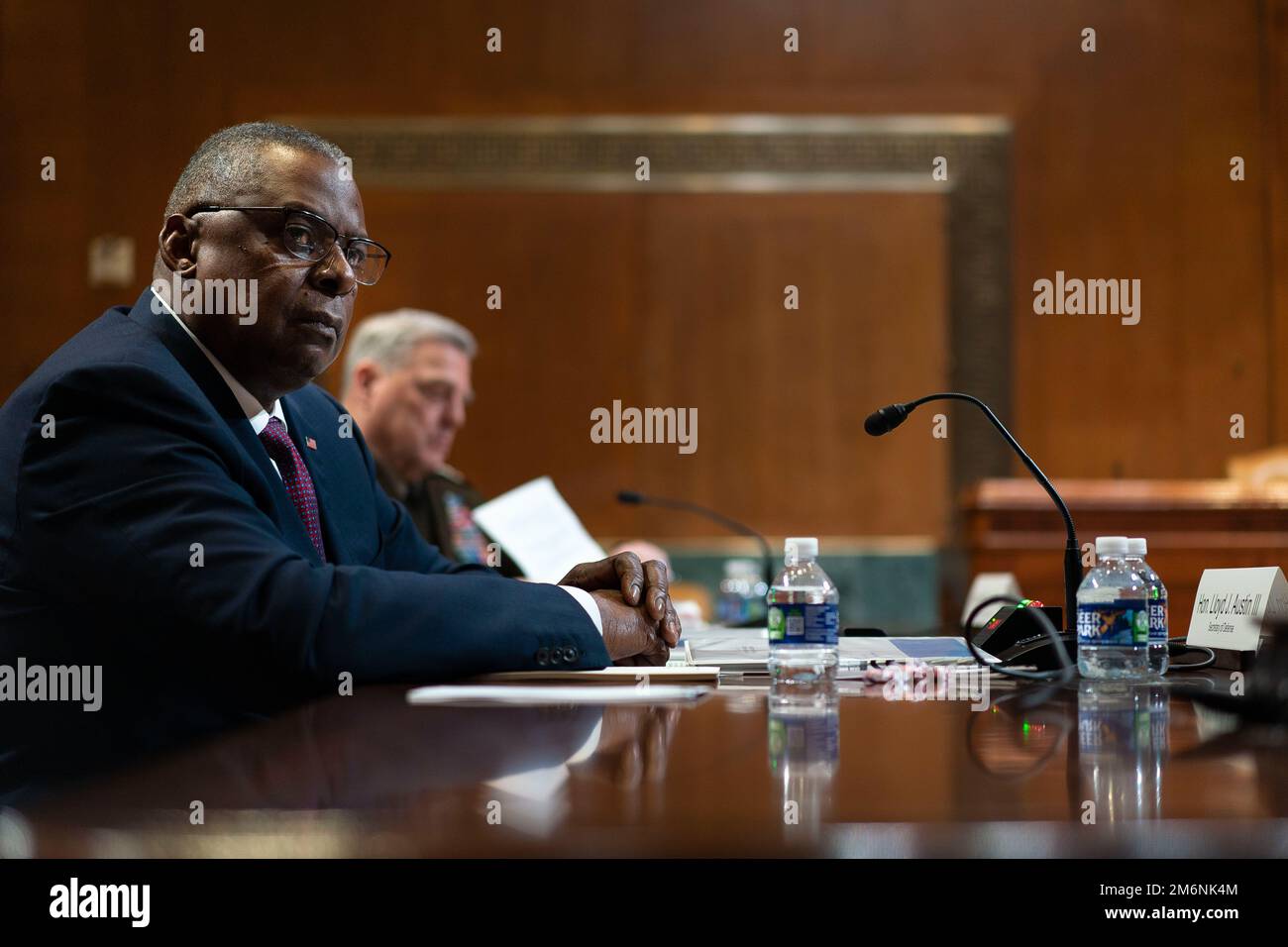 Secretary of Defense Lloyd J. Austin III and Army Gen. Mark A. Milley, chairman of the Joint Chiefs of Staff, testify at a Senate Appropriations Subcommittee on Defense hearing on the fiscal 2023 funding request and budget justification for the Department of Defense at the Dirksen Senate Office Building, Washington D.C., May 3, 2022. (DOD Photo by Navy Chief Petty Officer Carlos M. Vazquez II) Stock Photo
