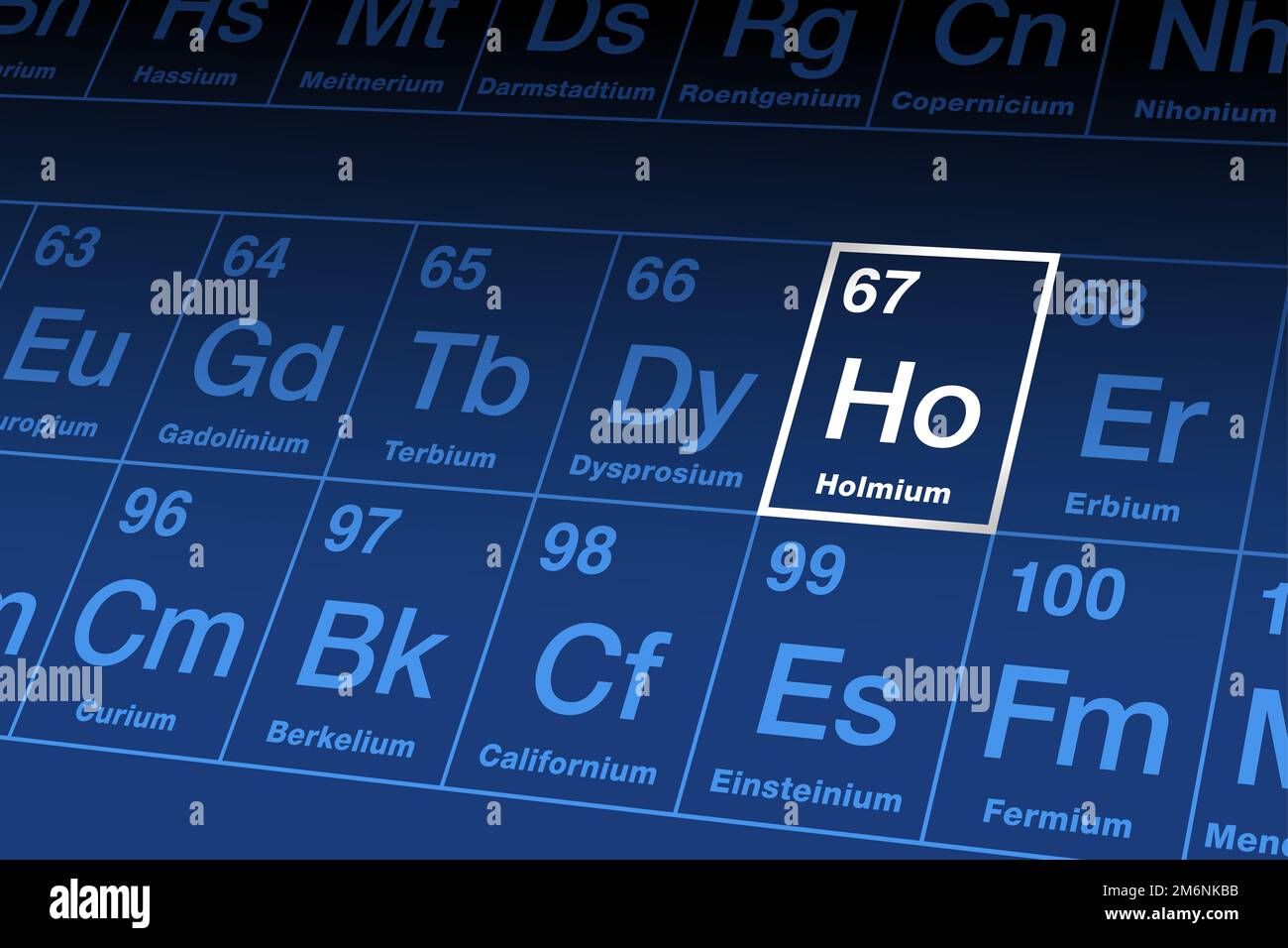 Holmium on periodic table. Rare earth metal in the lanthanide series, with atomic number 67 and element symbol Ho, from Holmia, Latin for Stockholm. Stock Photo