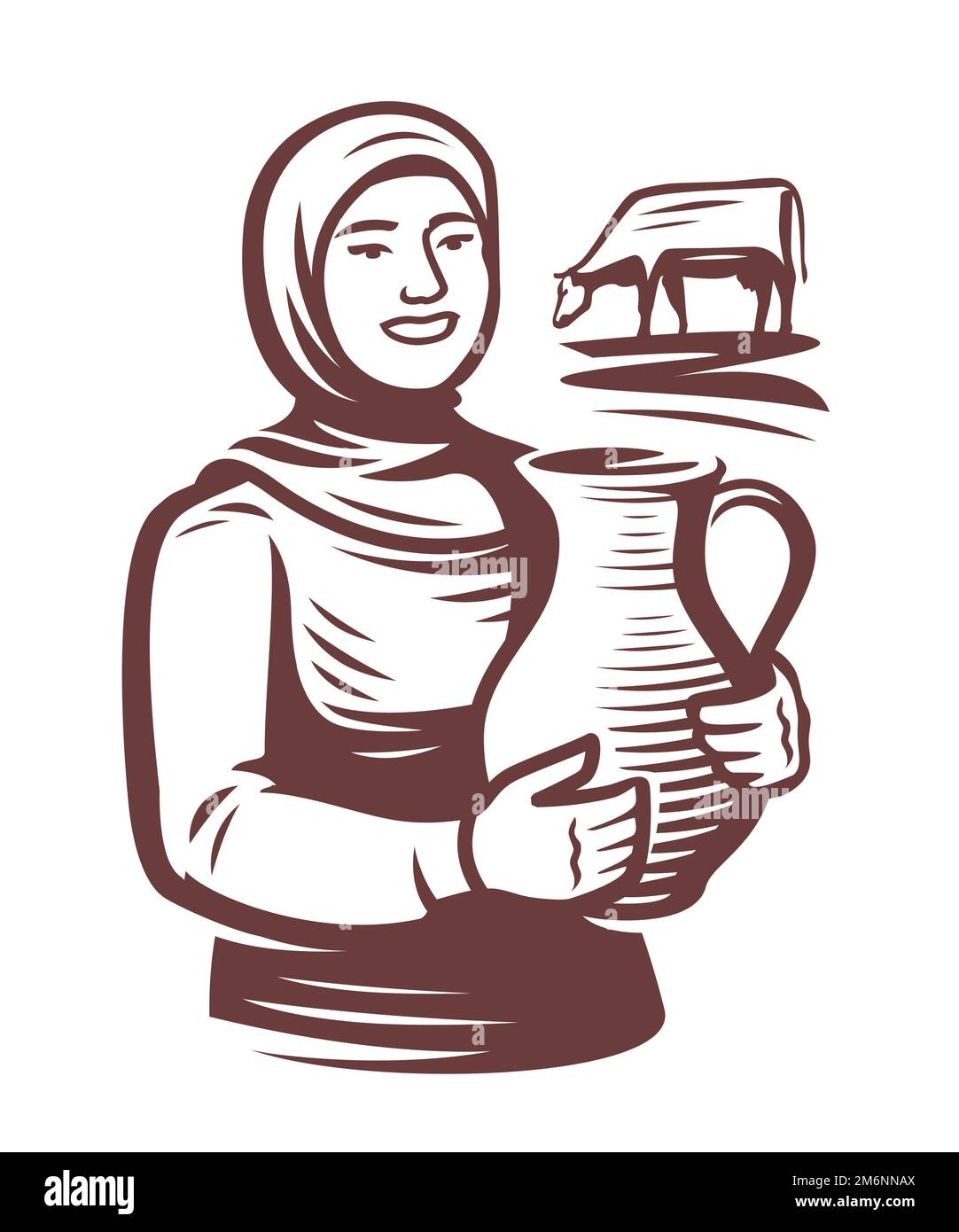 Milkmaid holding jug of fresh milk, near grazing cow. Creamery, dairy farm emblem or logo. Food and drink concept vector Stock Vector