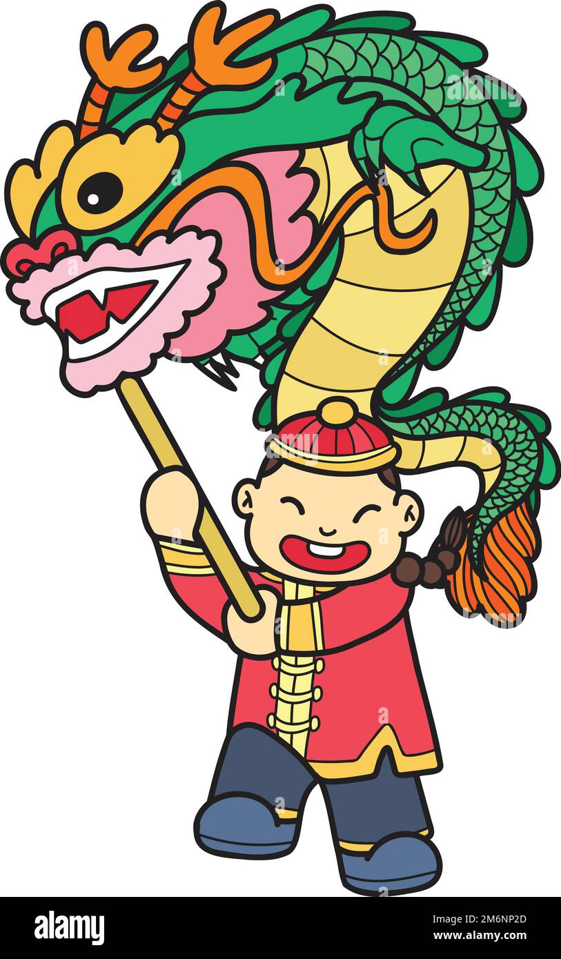 Hand Drawn Chinese boy dancing dragon illustration isolated on background Stock Vector