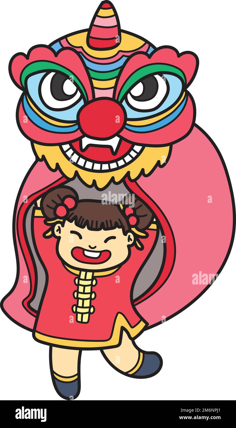 Hand Drawn chinese lion dance with chinese girl illustration isolated on background Stock Vector
