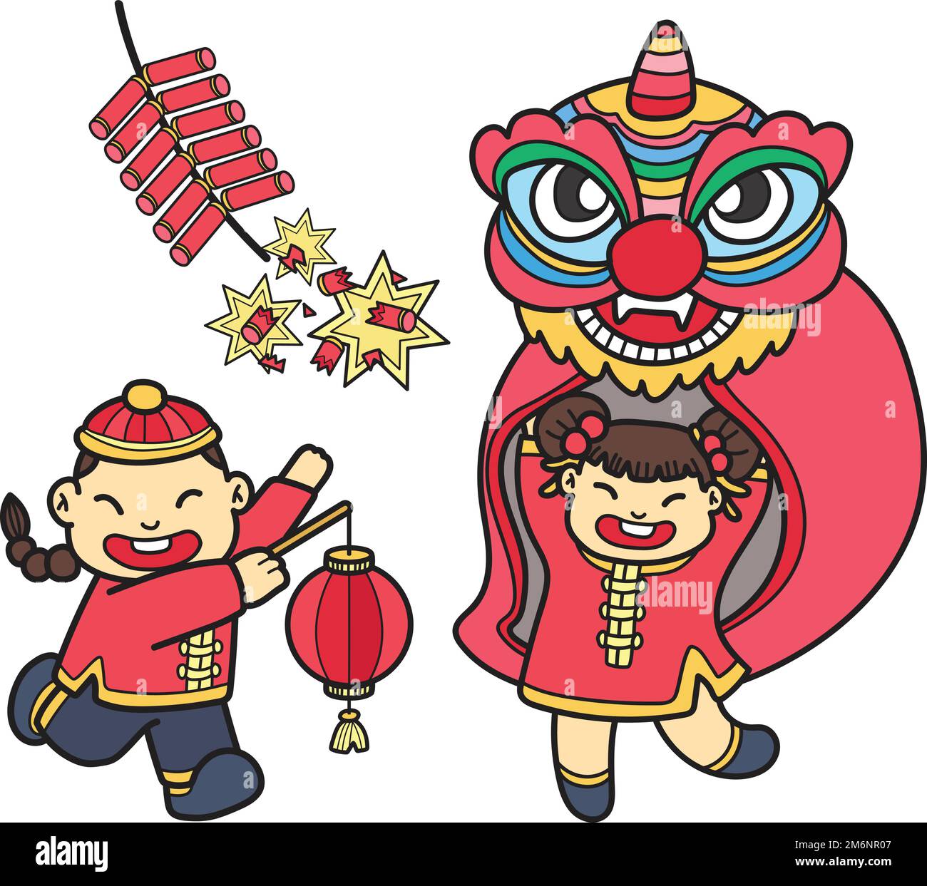 Hand Drawn Chinese lion dancing with firecrackers illustration isolated on background Stock Vector