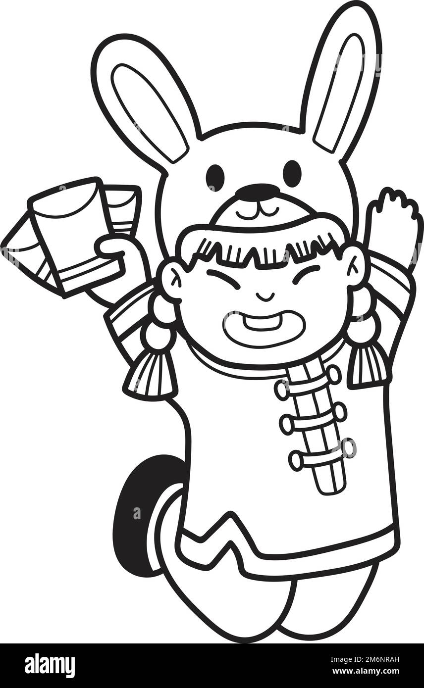 Hand Drawn Chinese girl with red envelopes illustration isolated on