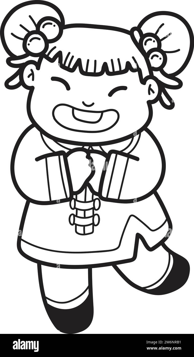 Hand Drawn Chinese girl smiling and happy illustration isolated on