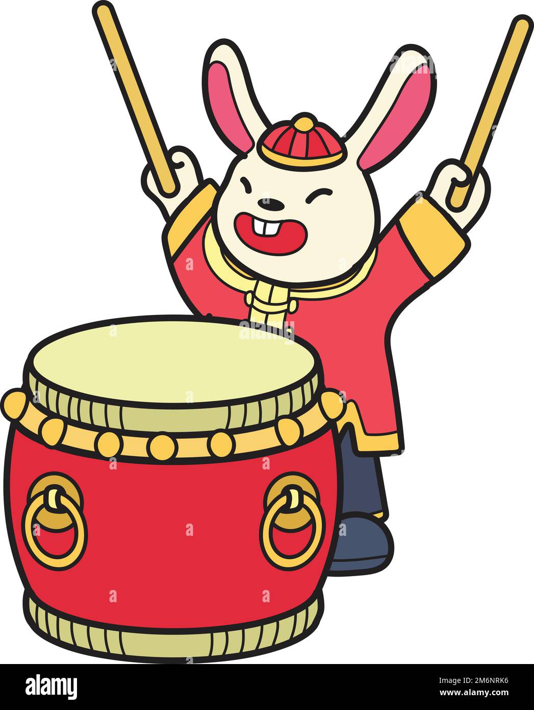 Hand Drawn Chinese rabbit with drum illustration isolated on background Stock Vector
