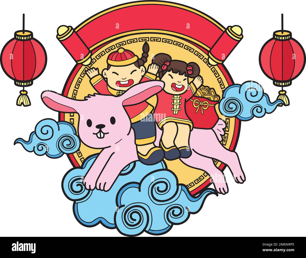 Hand Drawn chinese new year with rabbit illustration isolated on ...