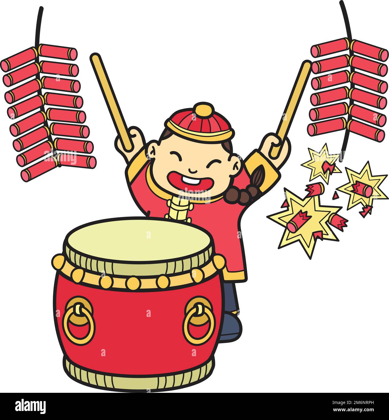 Hand Drawn Chinese boy playing drums illustration isolated on