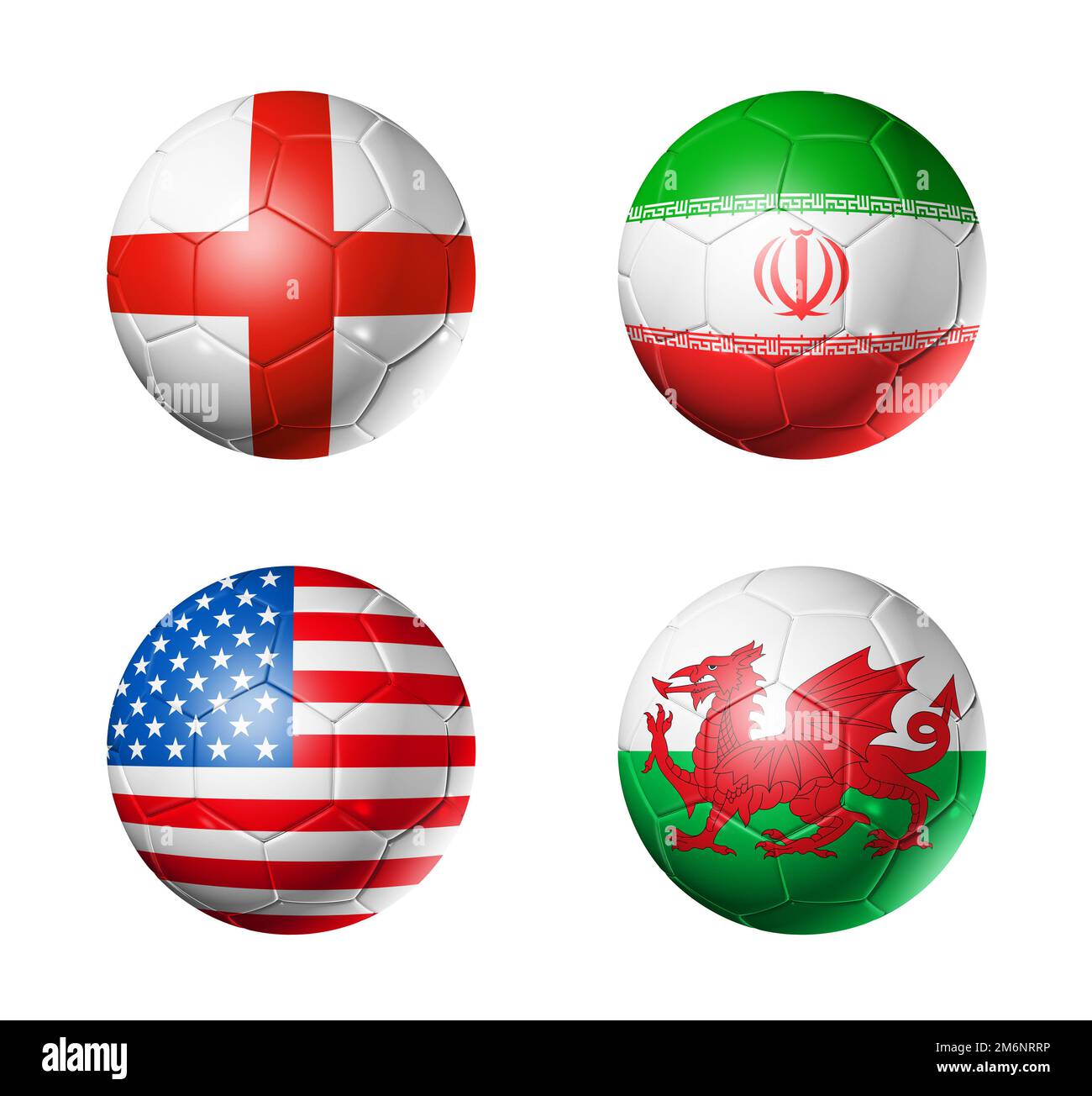 Qatar football 2022 group B flags on soccer balls. 3D illustration