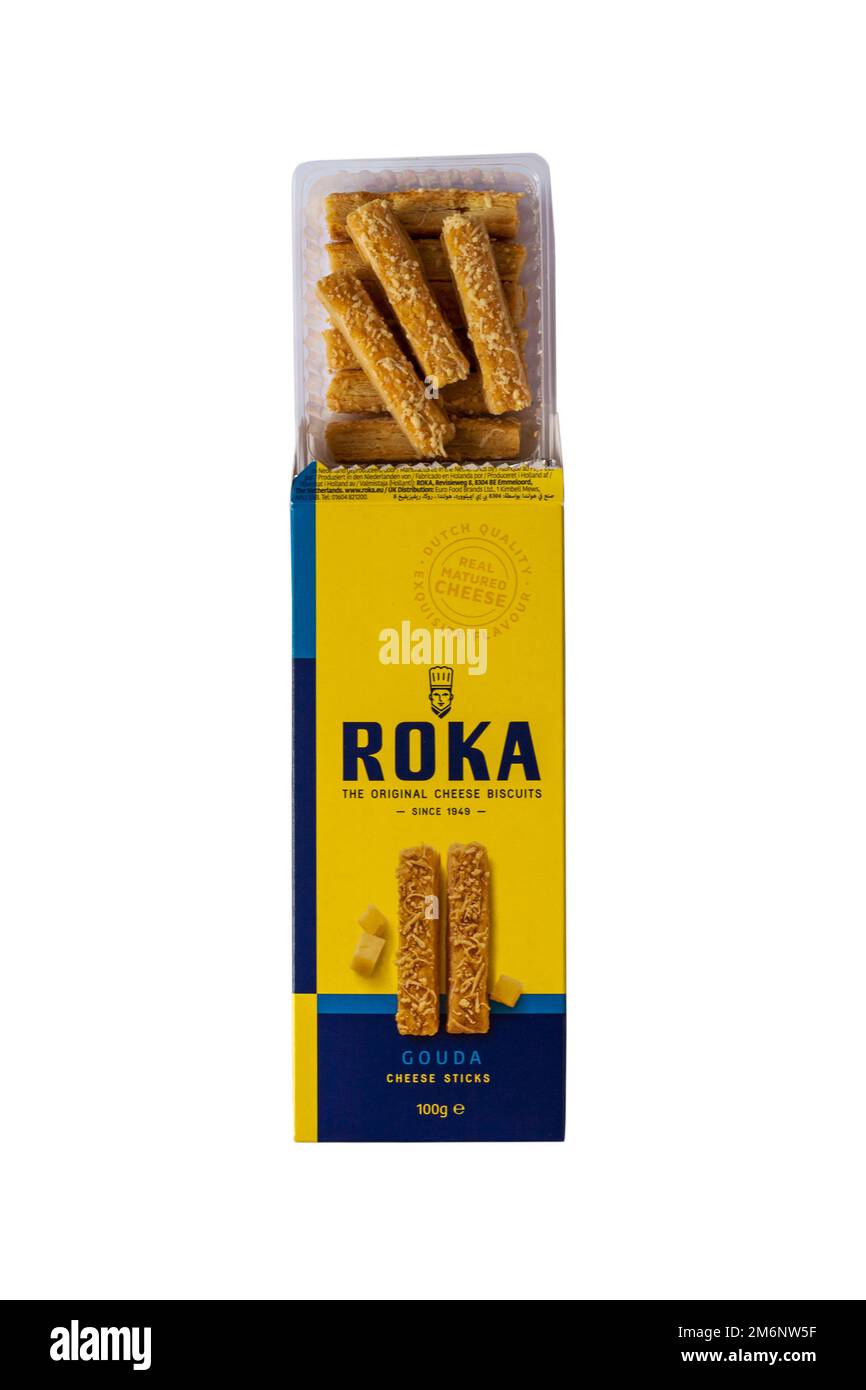 Box of Roka Gouda cheese sticks the original cheese biscuits opened to