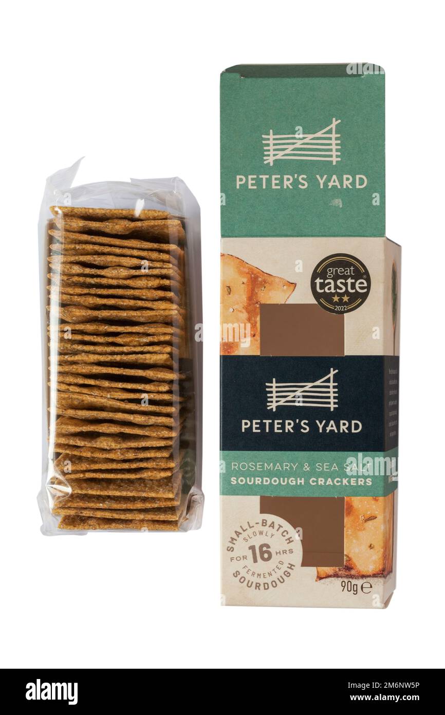 Box of Peter's Yard Rosemary & Sea Salt Sourdough Crackers with contents removed isolated on white background Stock Photo