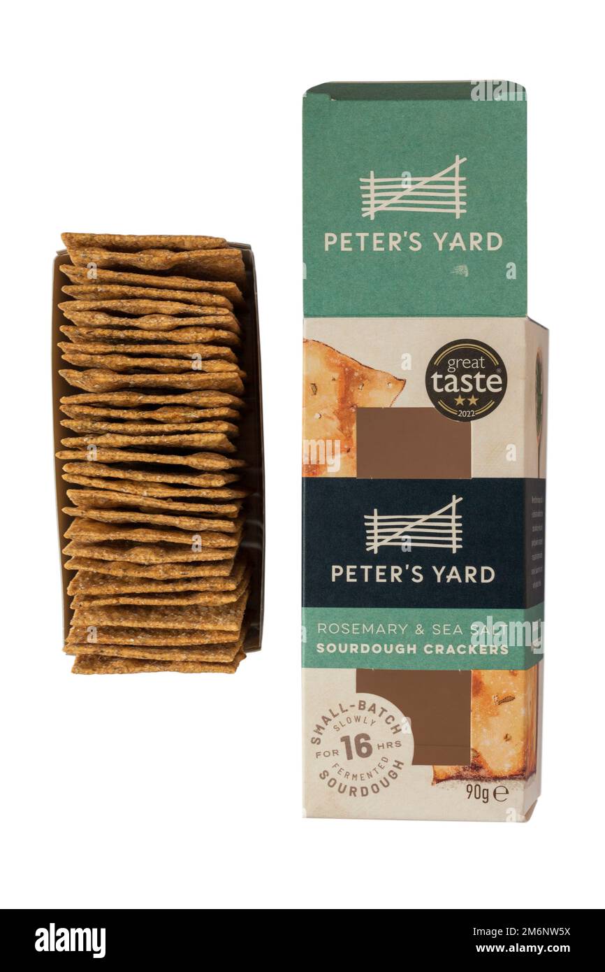 Box of Peter's Yard Rosemary & Sea Salt Sourdough Crackers with contents removed isolated on white background Stock Photo