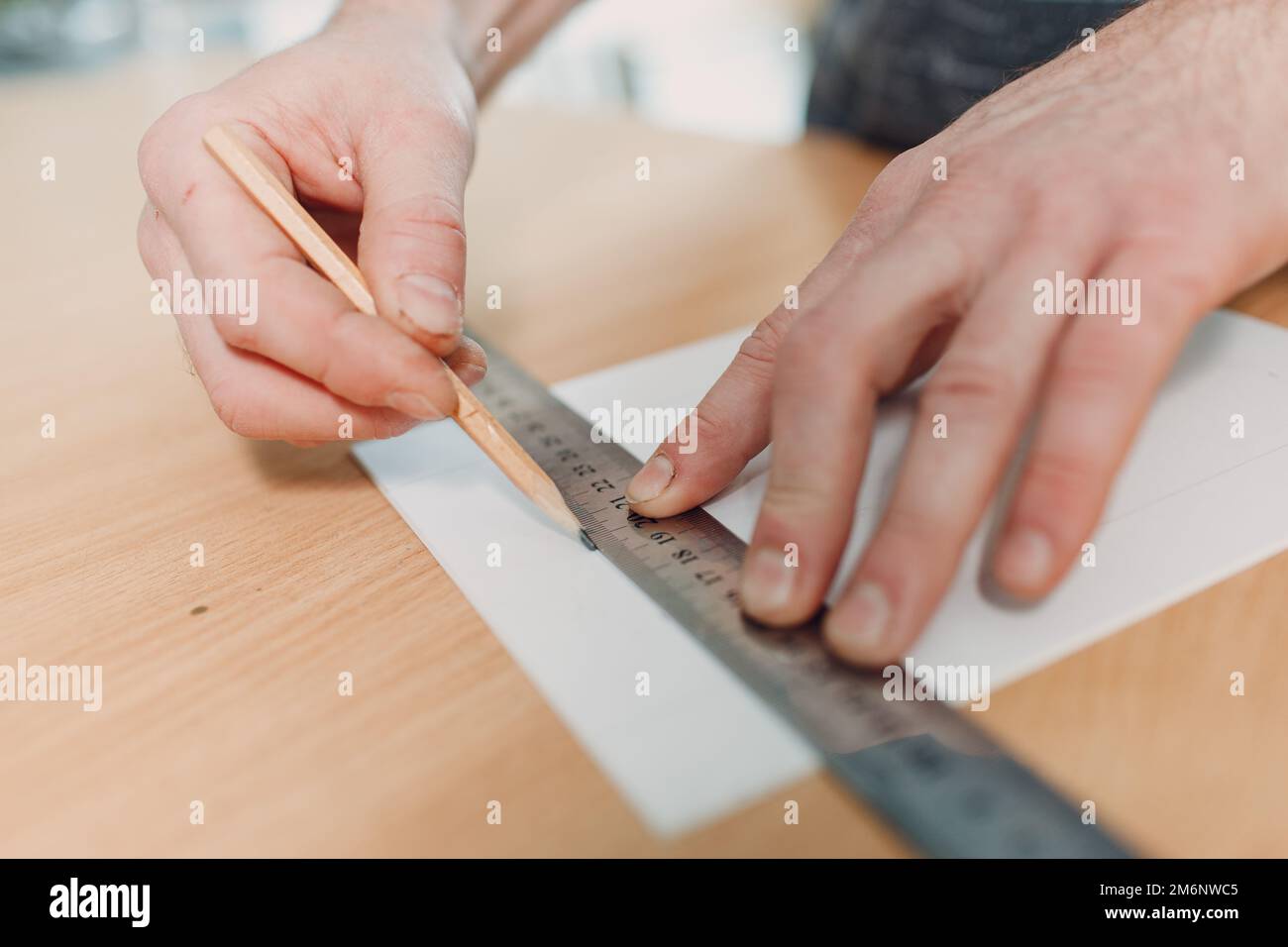 Framing Workshop. Making baguette handmade picture frame at studio Stock Photo