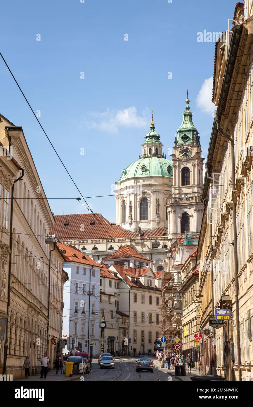 Around Prague, street scenes with people, trams and buildings on a summer day. Stock Photo