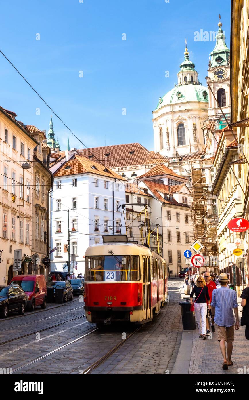 Around Prague, street scenes with people, trams and buildings on a summer day. Stock Photo