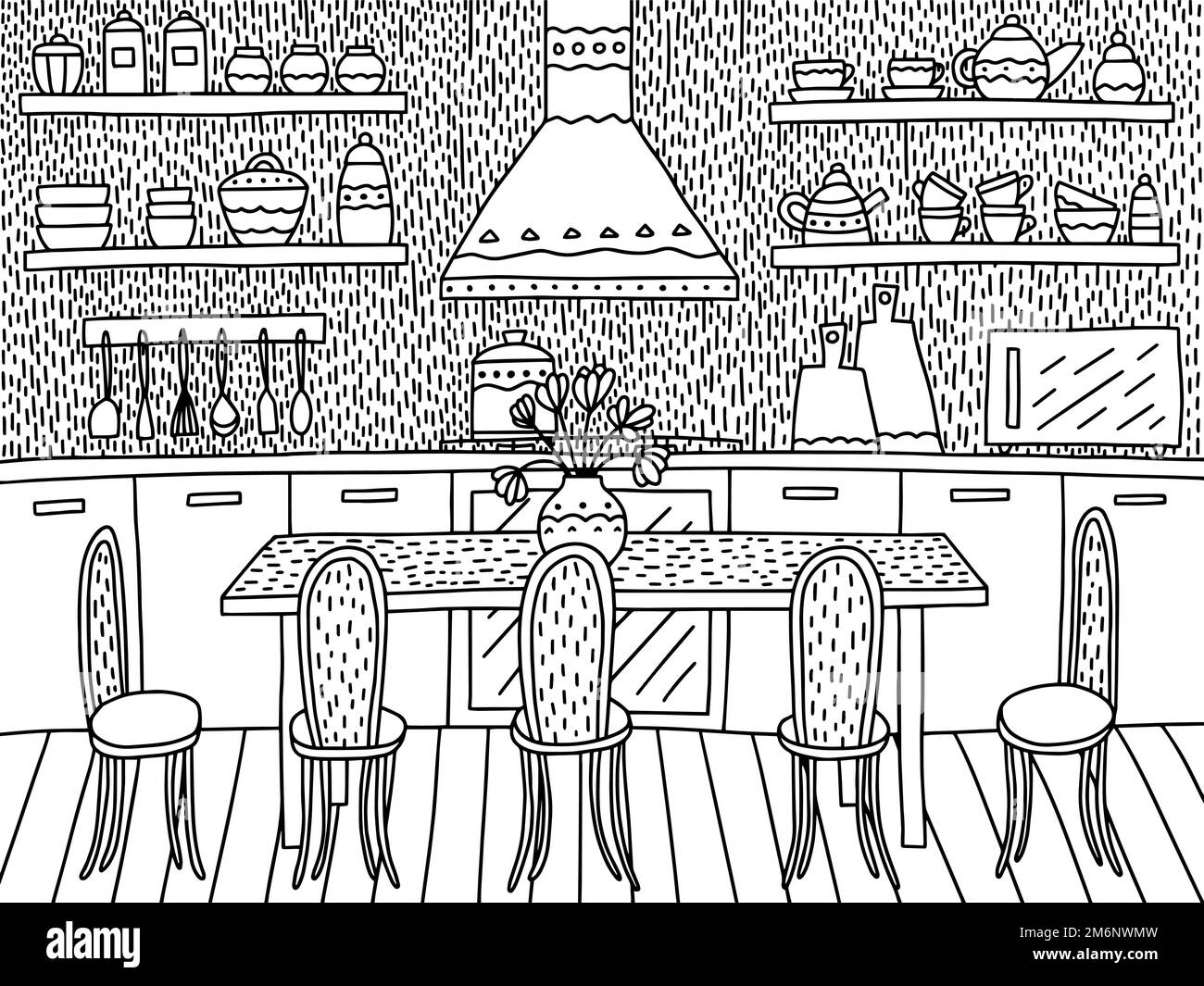 Kitchen interior coloring page Stock Vector