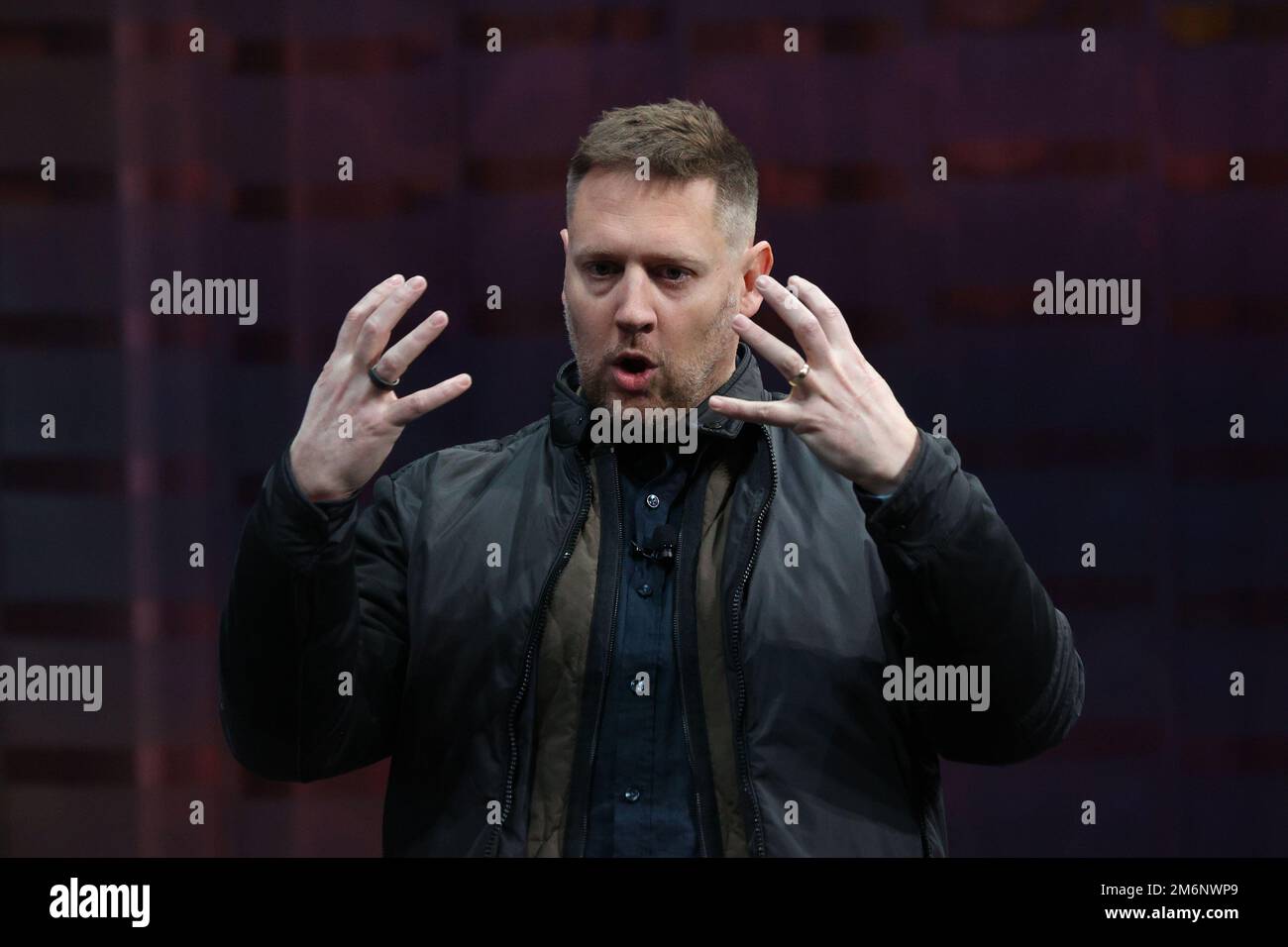 Las Vegas, United States. 04th Jan, 2023. Director Neill Blomkamp speaks on stage during the 2023 International CES, at the Las Vegas Convention Center in Las Vegas, Nevada on Wednesday, January 4, 2023. Photo by James Atoa/UPI Credit: UPI/Alamy Live News Stock Photo