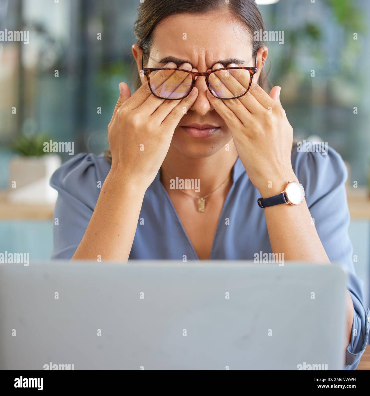 Tired corporate woman, laptop and eye pain with hands, glasses and stress at desk in finance office. Burnout, executive leader and headache by Stock Photo