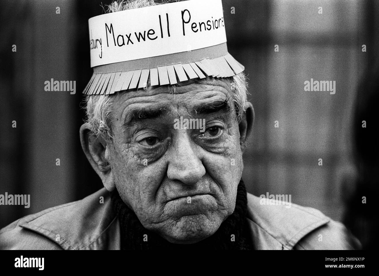 Robert Maxwell. A Maxwell pension protests in London for an investigation to replace his stolen pension funds by Robert Maxwell.November 1992 Stock Photo