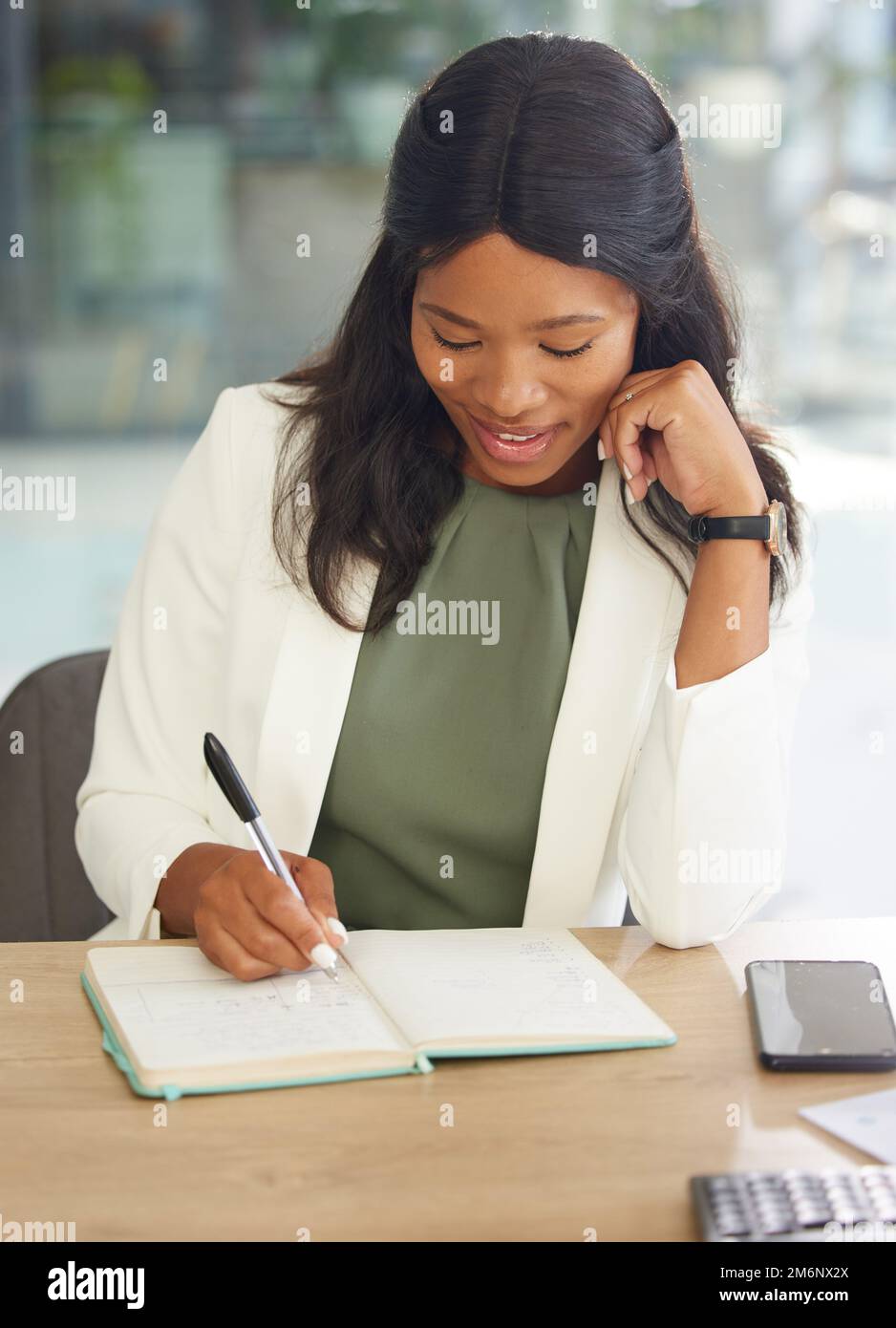 Black Woman Business Notebook And Writing In Company Financial Black woman business notebook and writing in company financial