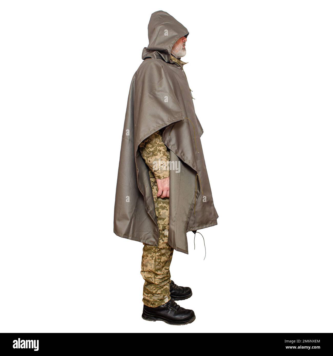 Military man in a cloak-tent on white background Stock Photo