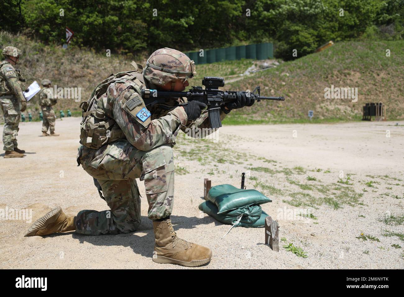 2nd Infantry Division/ROK-U.S. Combined Division host the Week of the Warrior Competition, Camp Casey, Republic of Korea, May 3, 2022. The competitors were required to qualify performing the new Army marksmanship M4A1 carbine qualification course with an integration of barriers, constant reloading and transitioning firing positions. Stock Photo