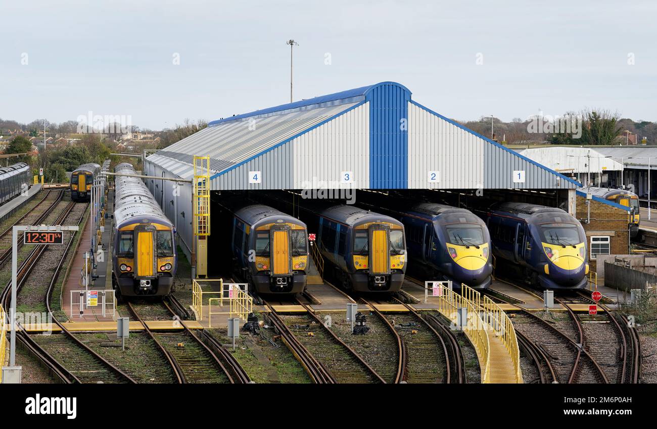 Southeastern trains in sidings at Ramsgate station in Kent during a